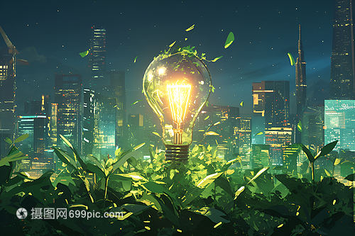 點亮未來 綠色能源燈泡插畫中的環保科技之光